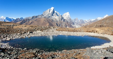 Mount Tabuche Peak mirroring in mountain lake, Nepal