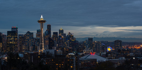 Seattle city skyline at dusk. Downtown Seattle cityscape