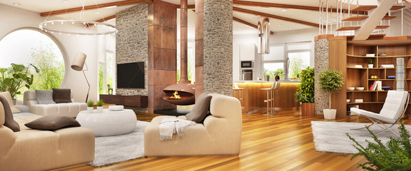Large modern kitchen and living room with fireplace in one open space