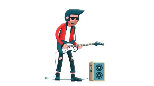 Guitarist playing solo on an electric guitar with a combo amp. Flat character.