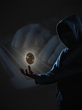 Golden Bitcoin Floating Above Of Hacker's Hand In Dark On Hacker Hacking With Computer Laptop Background. Finance, Business, E-commerce Or Cyber Crime Concept