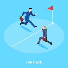 isometric image on a blue background, men in business suits run to the white line on which there is a red flag