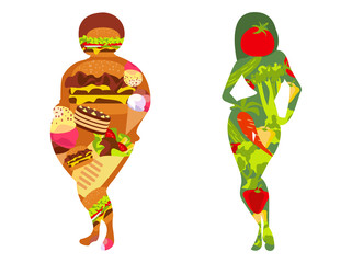 Illustration of a healthy lifestyle. Fit woman eating healthy green vegetables food or fat girl eating fast food. Healthy lifestyle and bad habits, a healthy diet and daily routine. 