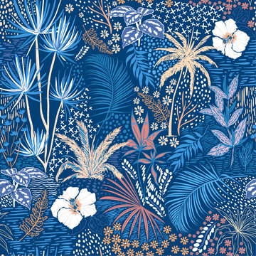 Beautiful seamless tropical summer forest pattern on blue with pastel colorl palm trees,exotic wild and plants vector