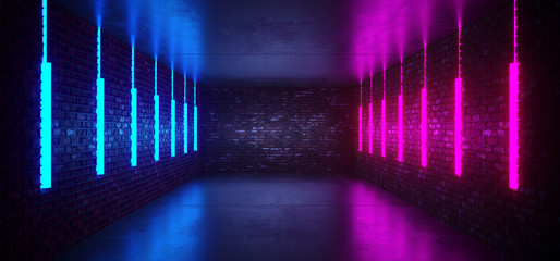 Sci Fi Modern Futuristic Retro Club Dance Background Tunnel Corridor Empty Neon Glowing Purple Blue Lights On grunge Reflective Concrete With Brick Wall Background 3D Rendering