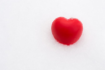 Red heart dipped in white snow as a symbol of love and Valentine's day celebration. Spreading of cardiovascular diseases. Tender love and passion day.