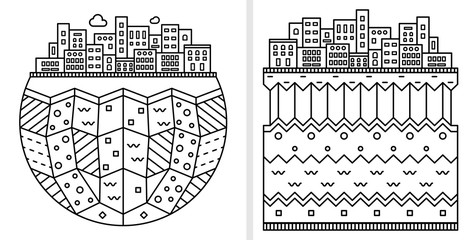 Simple city silhouette. Layers of the earth. Linear illustration isolated on white background. Flat design. Cartoon icon. Linear thin illustration.