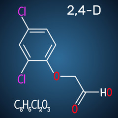 2,4-Dichlorophenoxyacetic acid (2,4-D) molecule. Structural chemical formula on the dark blue background.