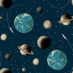 Terre, Saturne, planètes et fusée dans l& 39 espace. Modèle sans couture