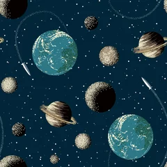 Dekokissen Erde, Saturn, Planeten und Rakete im Weltraum. Nahtloses Muster © Sveta_Aho