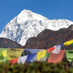 Mount Makalu with buddhist prayer flags, Nepal