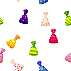 Seamless pattern of colored chocolates in a pack, caramel, chocolate. Cute ornament for packaging, fabric, background, banner, poster, vector, illustration, isolated, cartoon style