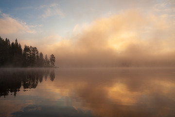 Fototapeta na wymiar Fog rising from lake at summer morning sunrise landscape