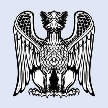 Decorative griffin. Medieval gothic style concept art. Design element. Black a nd white drawing isolated on grey background. EPS10 vector illustration