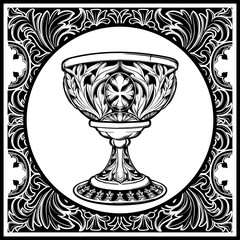 Decorative Goblet. Medieval gothic style concept art. Design element. Black a nd white drawing isolated on grey background. EPS10 vector illustration