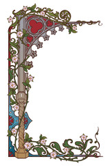Medieval manuscript style rectangular frame. Gothic style pointed arch braided with a rose garlands. Vertical orientation. EPS10 vector illustration