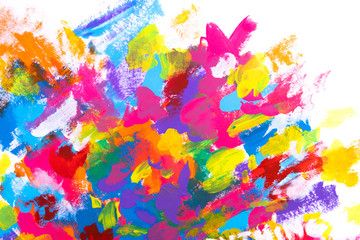 Hand painted colourful overlapping brushstrokes with thick texture on white background