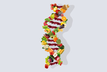 Nutrigenetics concept illustration for DNA strand made from vegetables and fruits.