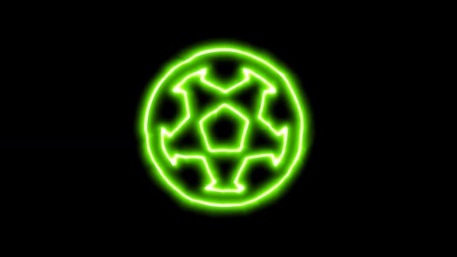 The appearance of the green neon symbol football. Flicker, In - Out. Alpha channel Premultiplied - Matted with color black