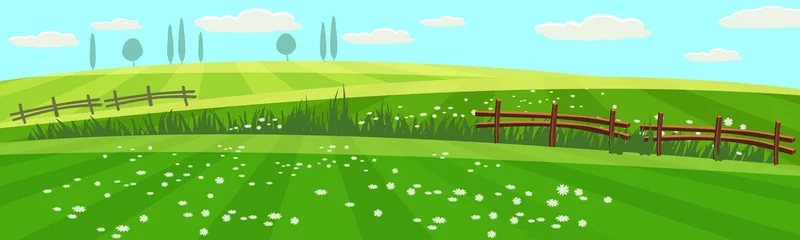 Kussenhoes Rural spring landscape countryside with farm field with green grass, flowers, trees. Farmland. Outdoor village scenery, farming background. Vector illustration. isolated. Cartoon style © hadeev