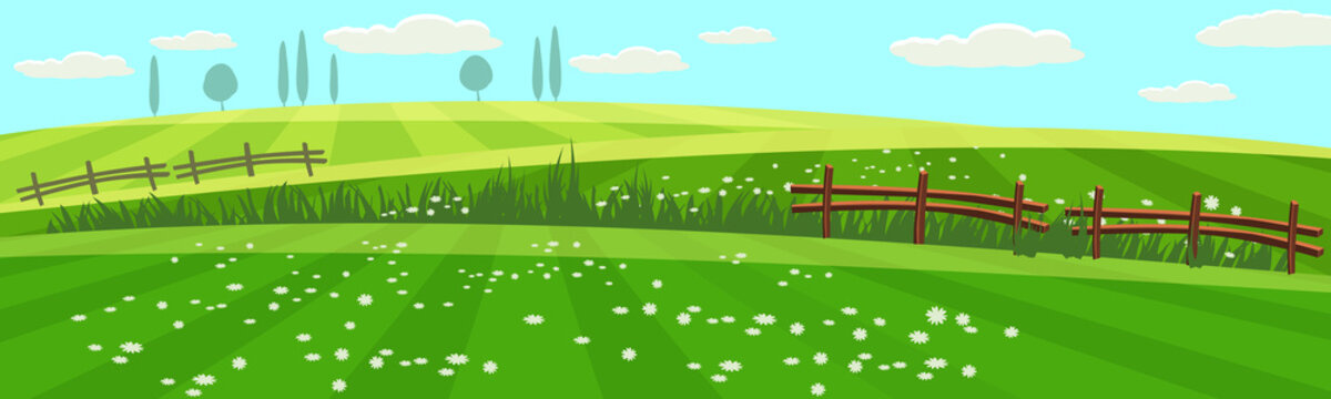 Rural spring landscape countryside with farm field with green grass, flowers, trees. Farmland. Outdoor village scenery, farming background. Vector illustration. isolated. Cartoon style
