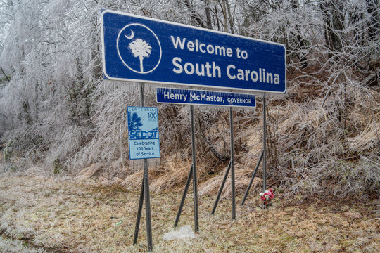 Ice Covered South Carolina Sate Welcome Sign