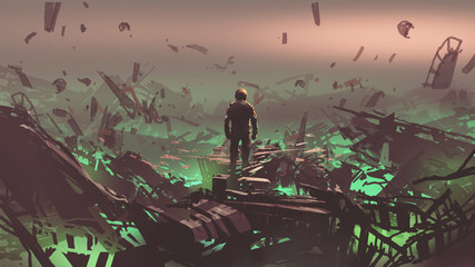 the astronaut looking at space junkyard on alien planet, digital art style, illustration painting © grandfailure