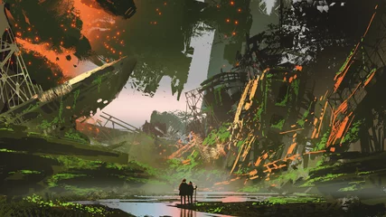 Photo sur Plexiglas Grand échec paysage de randonneurs parcourant un chemin fluvial dans une ville envahie par la végétation, style art numérique, peinture d& 39 illustration