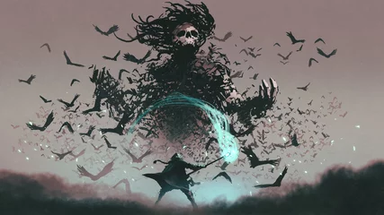 Rolgordijnen vechtscène van de man met magische tovenaarsstaf en de duivel van kraaien, digitale kunststijl, illustratieschilderij © grandfailure