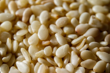 Sesame seeds background. Extreme macro photography.