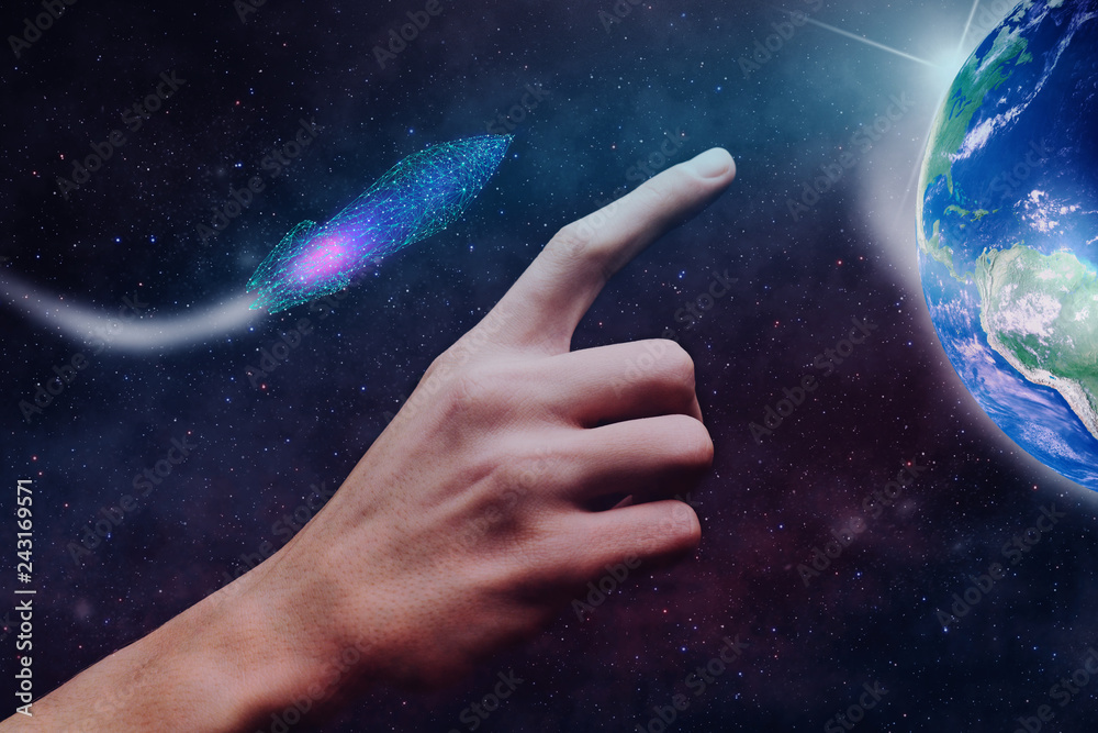 Poster human target spaceship low poly. nebula dust. mixed media.