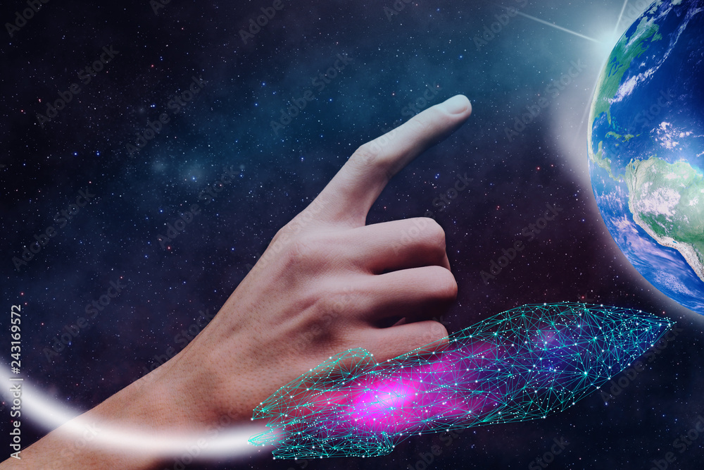 Poster human target spaceship low poly. nebula dust. mixed media.