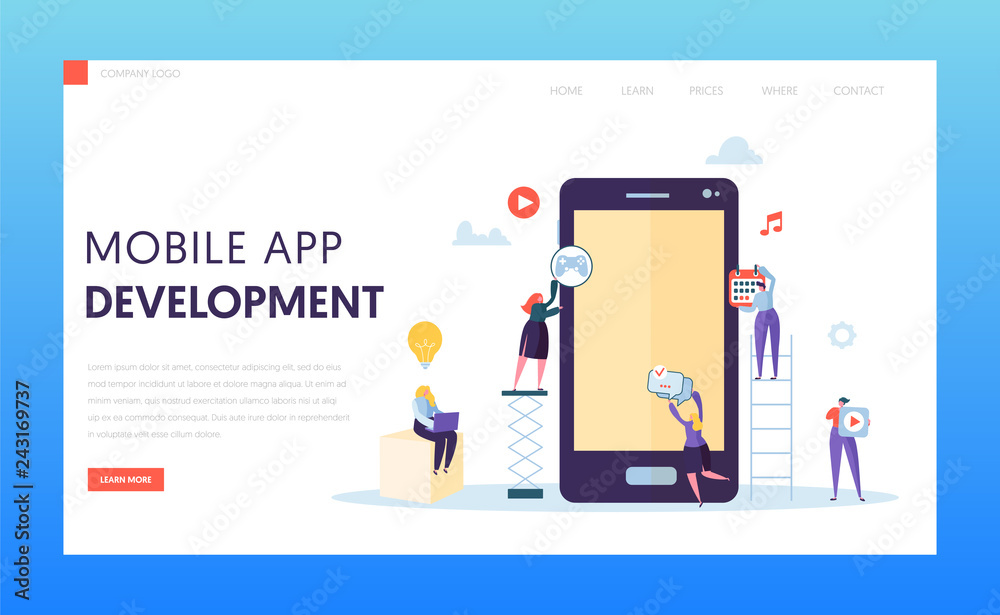 Poster mobile app development ab test landing page. software developer character provide ux innovation desi
