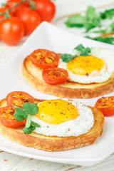 Bruschetta with fried egg, tomatoes and herbs. Delicious breakfast. Selective focus