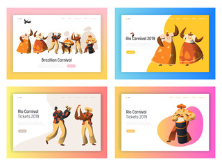 Brazil Carnival Dancer Landing Page Set. Latino Woman Character Dance in Exotic Feather Bikini Costume at Rio de Janeiro Festival Celebration for Website or Web Page Flat Cartoon Vector Illustration