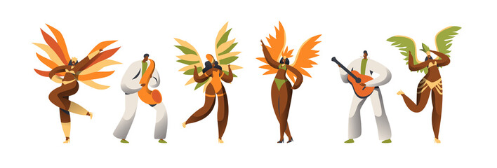 Brazilian Carnival Dancer Character Set. Woman Dance in Exotic Feather Costume at Rio de Janeiro Happy Holiday Celebration. Man Play Guitar. Latino People Parade Flat Cartoon Vector Illustration