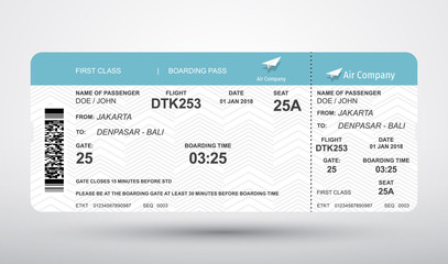 Boarding pass ticket vector. First class boarding pass design background. Vector illustration of airline boarding pass. Boarding pass ticket.