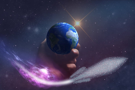 Whole world in woman hands plam and  WHITE spaceship low poly. Mixed media . 