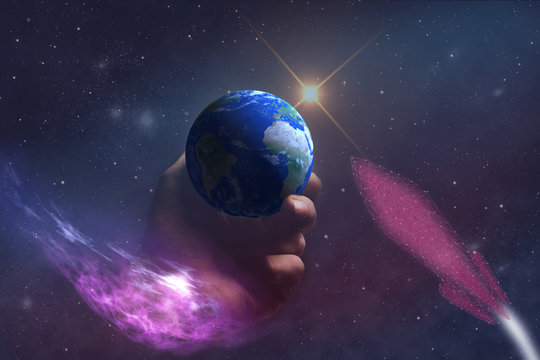 Whole world in woman hands plam and  RED spaceship low poly. Mixed media . 