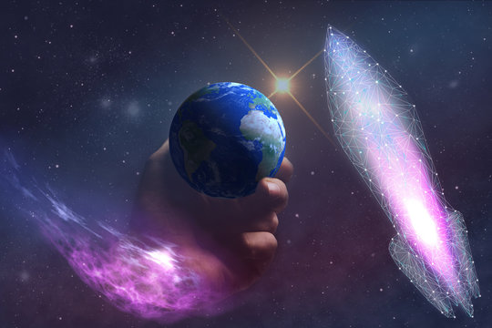 Whole world in woman hands plam and  WHITE spaceship low poly. Mixed media . 