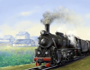 The old steam locomotive is driving. Digital paintings landscape. Fine art. - obrazy, fototapety, plakaty