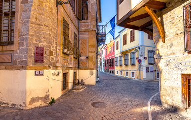 Picturesque narrow street and buildings in the old town of Xanthi, Greece.