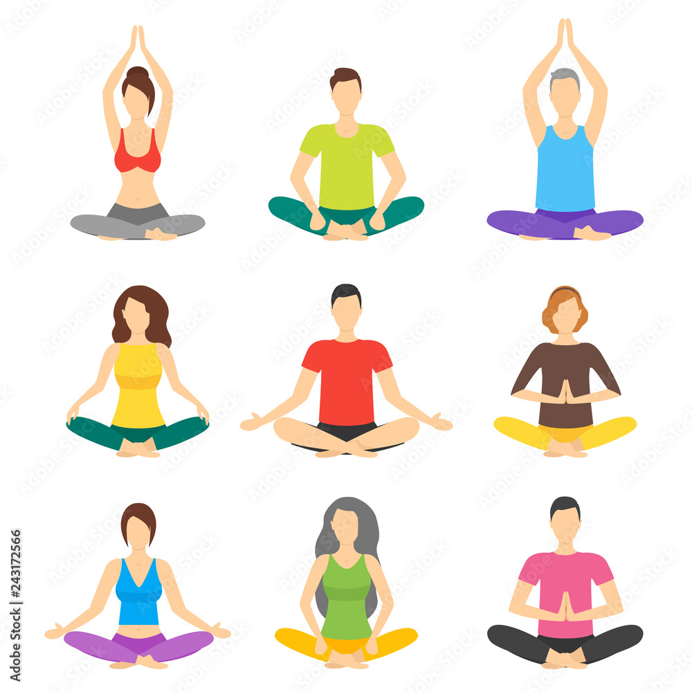 Poster Cartoon Meditation People Signs Icon Set. Vector