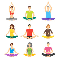 Cartoon Meditation People Signs Icon Set. Vector