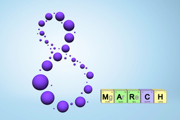 8 March greeting postcard scientific theme, chemistry. Decorative flying balls molecules, elements periodic table, 3d rendering. Happy Women's Day.