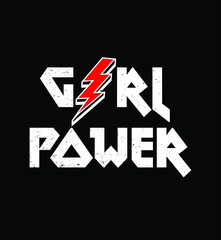 Girl Power print with red lightning symbol, rock and roll t shirt print in vector.
