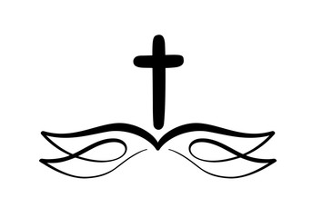 Vector illustration of Christian Logo. Emblem with Cross and Holy Bible. Religious community. Design element for poster, logo, badge, sign
