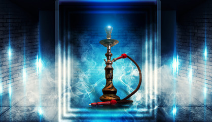 Smoking a hookah against a brick wall, concrete floor, blue  neon light, smoke