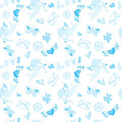 Valentine day’s hand drawn vintage color doodles seamless pattern isolated 
