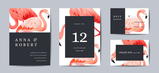 Wedding Invitation Card Template Set. Tropical Flamingo Birds Save the Date or Congratulation Cards. Wedding Invite, Table Number Design Background. Vector illustration © wooster
